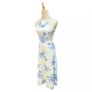 Lulu's Summer Dream Blue Floral Print Tie-Back Halter Midi Dress